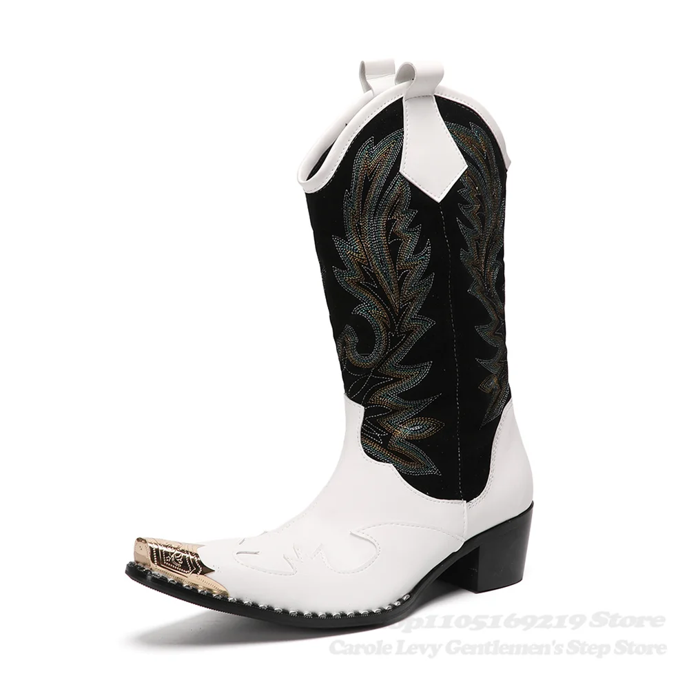 New British High Top Genuine Leather Knee High Boots Men Trendy Pointy Toe Casual Embroidered Flower Chunky Heel Long Boot