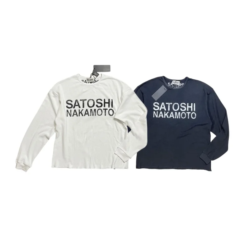 Men Waffle Knit Long Sleeve T-Shirt Satoshi Nakamoto Boxy Distressed Vintage Block Letter Front Print Tops