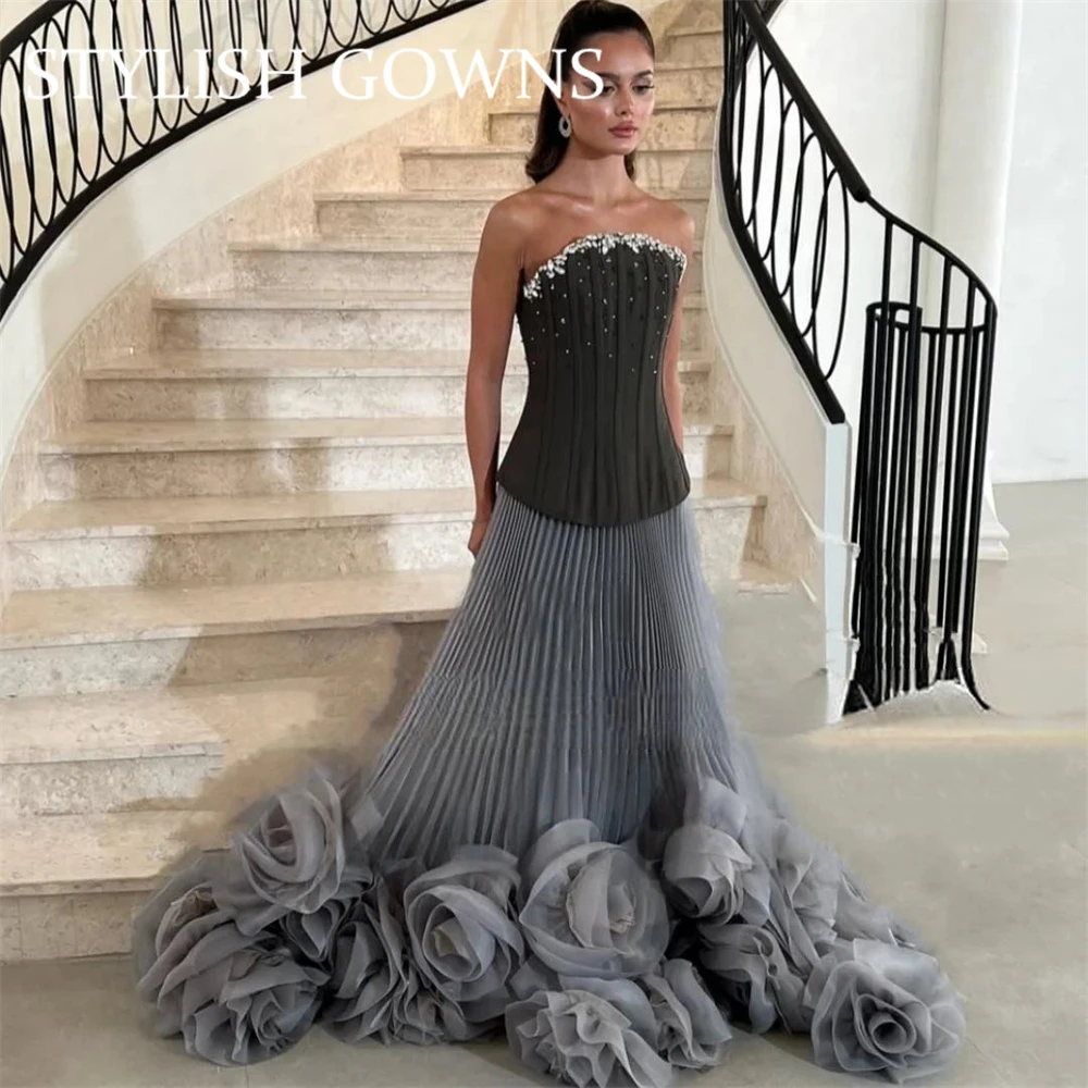 

Elegant Gray Evening Dresses A-Line Beading Crystal Strapless Flowers Pleated Peplum Occasion Dress Prom Gown Customized فساتين