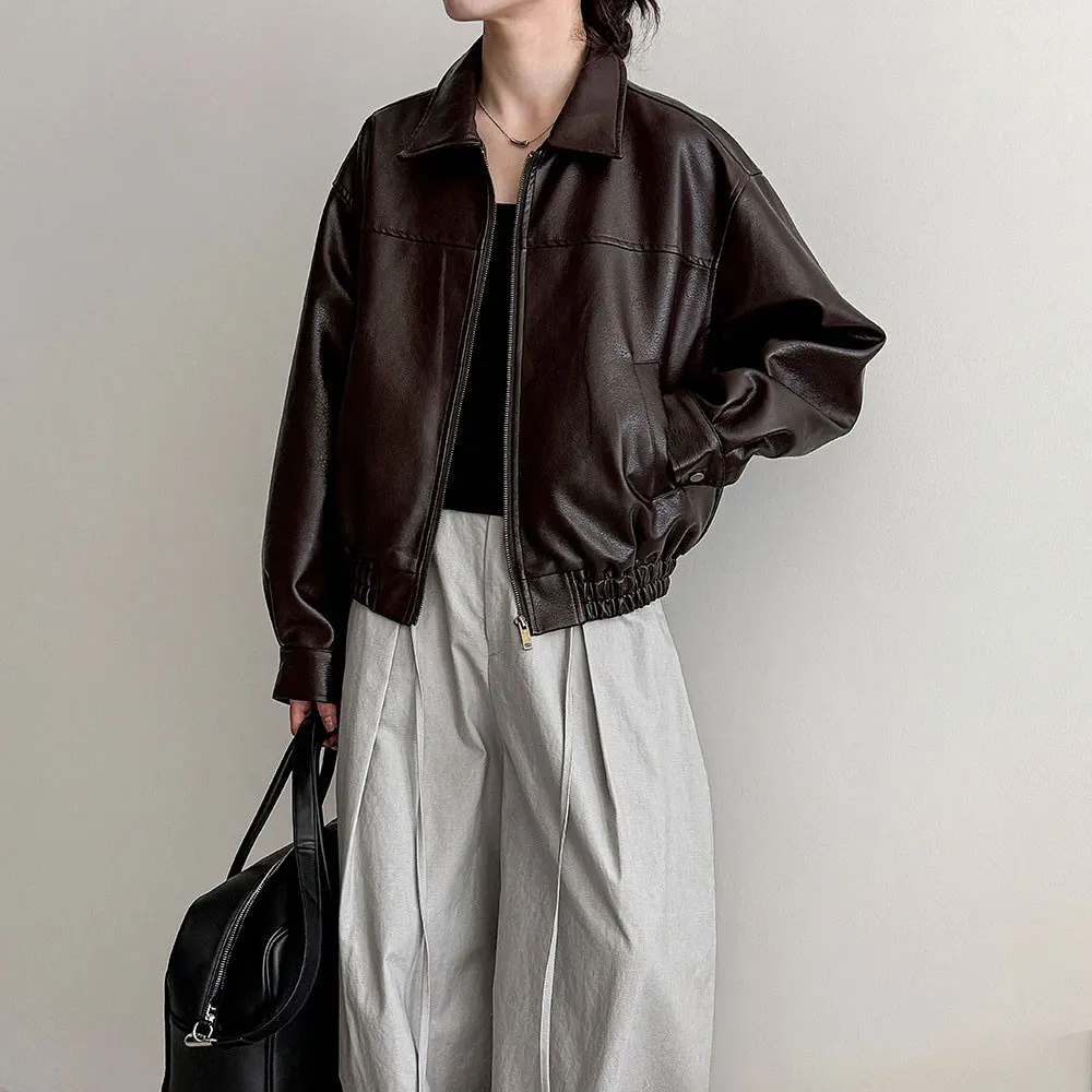 

2025 Autumn Women Pu Leather Jacket Coat Fashion Classic Turn Down Collar Black Color Cool Jacket Femme Casaco Abrigo Streetwear