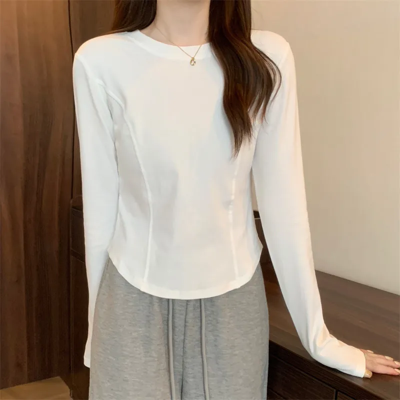 Women Slim-fit Long-sleeve Base Shirt Fall Winter Lady Hot Girl Slimming Short Top Woman Casual Inner Shirt Teen Sporty T-shirt