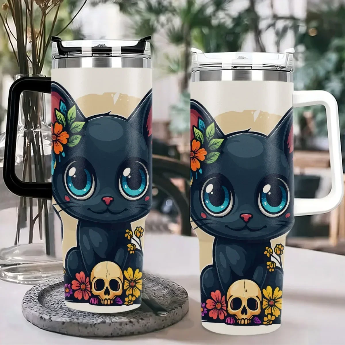 1pc 40oz Tumbler With Handle Lid Straw, Cute Black Cat Skull Floral Print Stainless Steel Insulated Travel Mug, **Only Black & White Handle Available, Pink Handle Not Included**, Reusable Hot Cold Beverage Cup For Car Office Women Gift