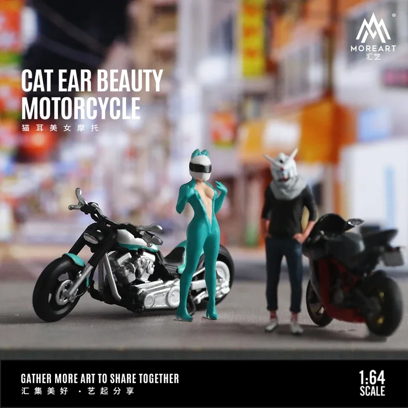 Moreart/time micro 1:64 cat ear beauty motorcycle doll set resin model for display limited edition collection gift