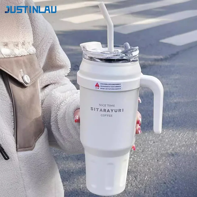 JUSTINLAU Vaso Térmico de 50 oz, Botella Termo de Acero Inoxidable de Gran Capacidad con Asa y Pajita, Vaso para Hielo, Taza para Coche, Viajes y Camping