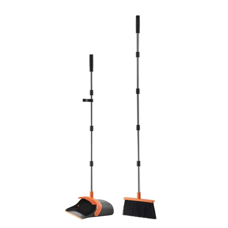 Heavy Dustpan Broom Combination Set, Self-Cleaning Toothed Metal Vertical Dustpan, Long Handle Broom