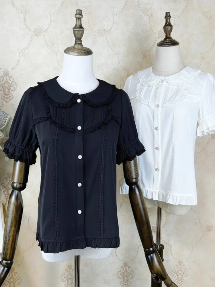 

Fashion Lolita Shirts Peter Pan Collar Puff Sleeve Tops Solid Color Ruffles Pleated Blouses All Match Design 2025 Women Clothing