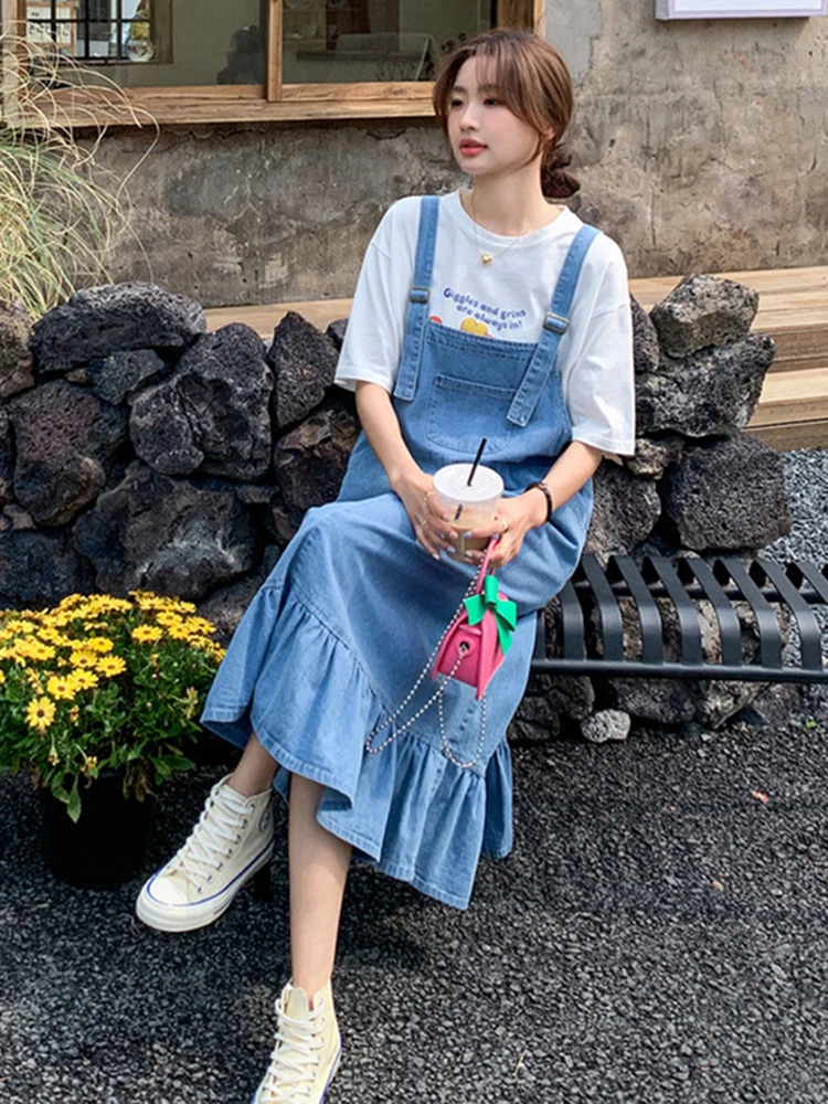 Peto vaquero fino estilo universitario para mujer, nuevo, talla pequeña, vintage, holgado, que combina con vestido con volantes de talla grande, que combina con vestido con volantes.
