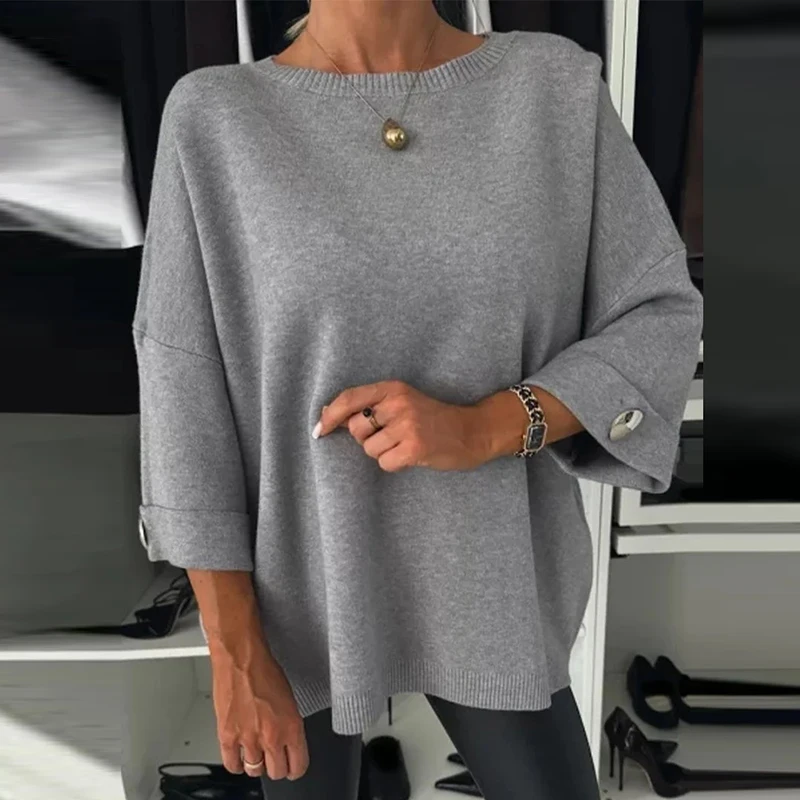 Damskie bluzki z długim rękawem O Neck Solid Knitted Tops 2024 Casual Button Commuting Sweater Pullover Fashion High Street Autumn Sweaters