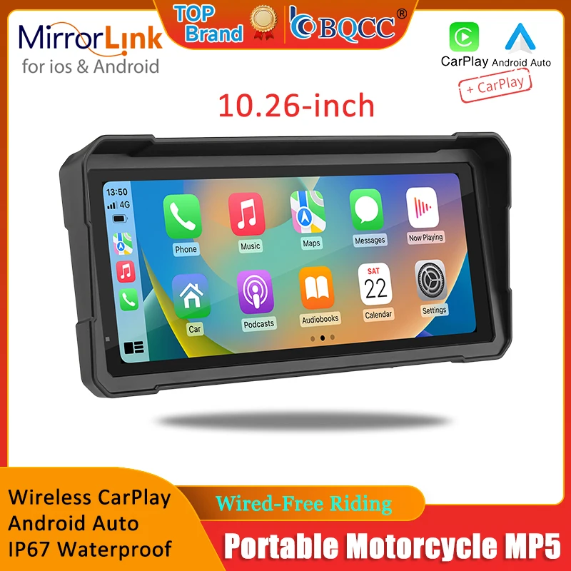 BQCC 10.26 Inch Portable Motorcycle MP5 Dual DVR Dash Cam Wireless CarPlay Android Auto IP67 Waterproof BT Helmet Audio