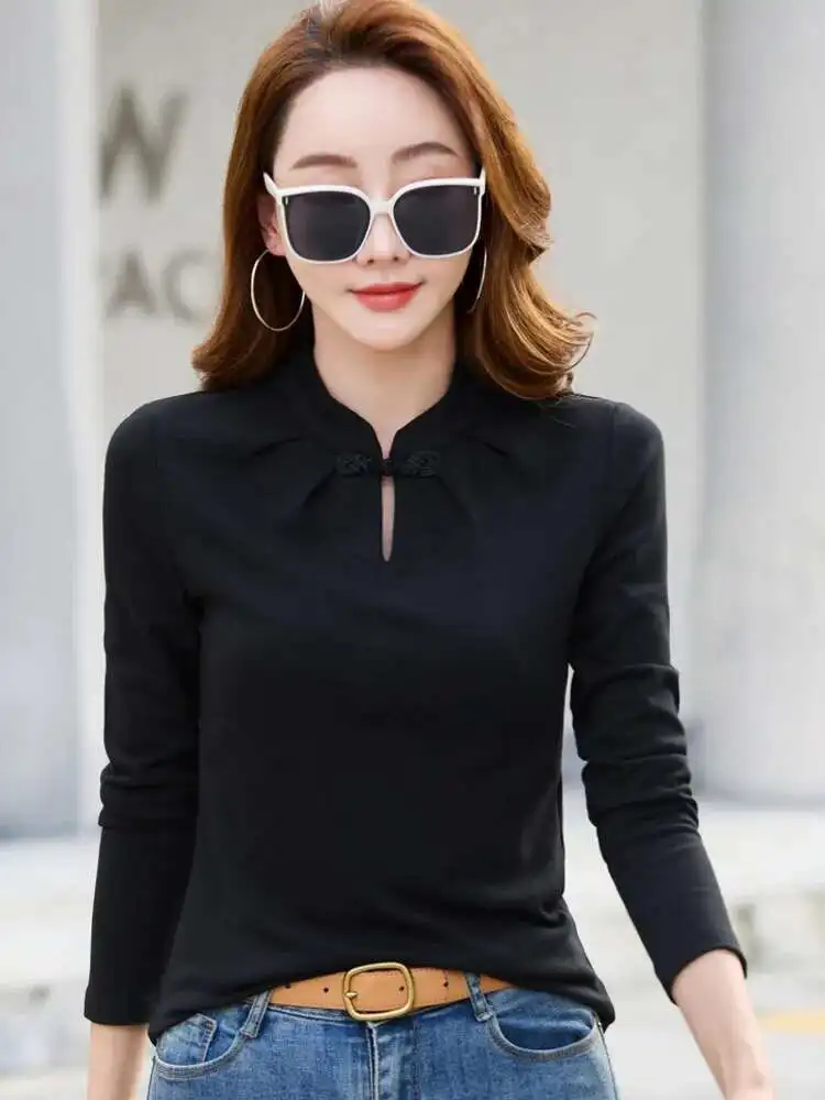 #0612 Autumn Winter Vintage Short T Shirt Women Stand Collar Hollow Out Chinese Style Long Sleeve T Shirt Thick Warm Solid Color