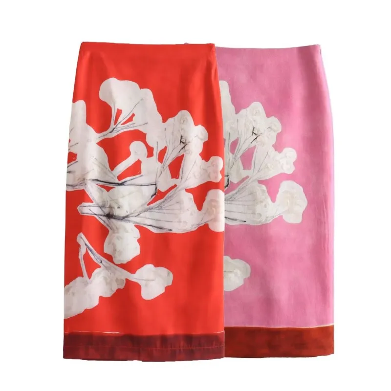 

Unique Floral Midi Skirt For Women Spring/Summer Midrise With Elegant Red Hem Gothic Clothes Big Size Korean Clothing Woman