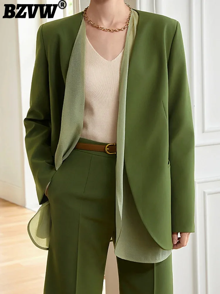 

BZVW Green Vintage Blazer Women's Inner Vest Collarless Long Sleeves Solid Color Coat Fashion 2024 Autumn New Clothing 25A8689