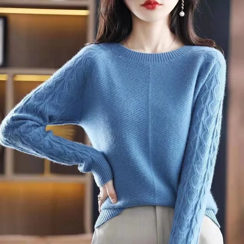 Women\'s 100% Pure Wool Cashmere Sweater O-Neck Pullover Knitted Casual Sweater Winter New Long-Sleeved Warm High-Grade Jumper