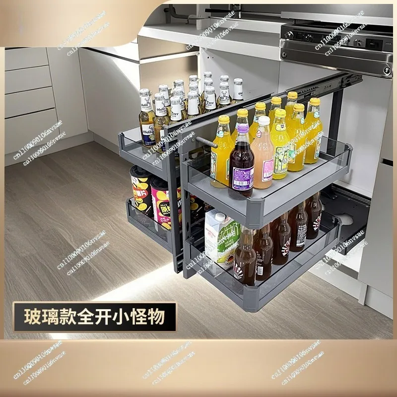Cabinet Corner Pull-out Basket Kitchen Tempered Glass Seasoning Basket Drawer Style Storage Rack