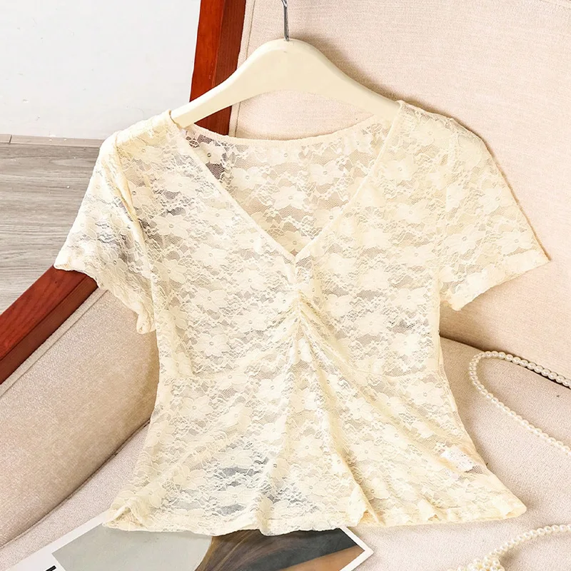 

Women's 2025 Summer European and American Style Sexy Lace Short-Sleeve Beach Top