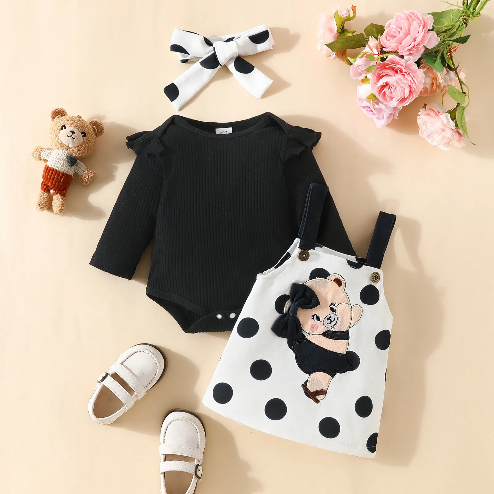 3Pcs Infant Baby Girls Clothes Sets Ribbed Romper Tops Cute Bear Prints Overalls Skirts Infant Outfits Newborn Clothes 3M 6M 18M