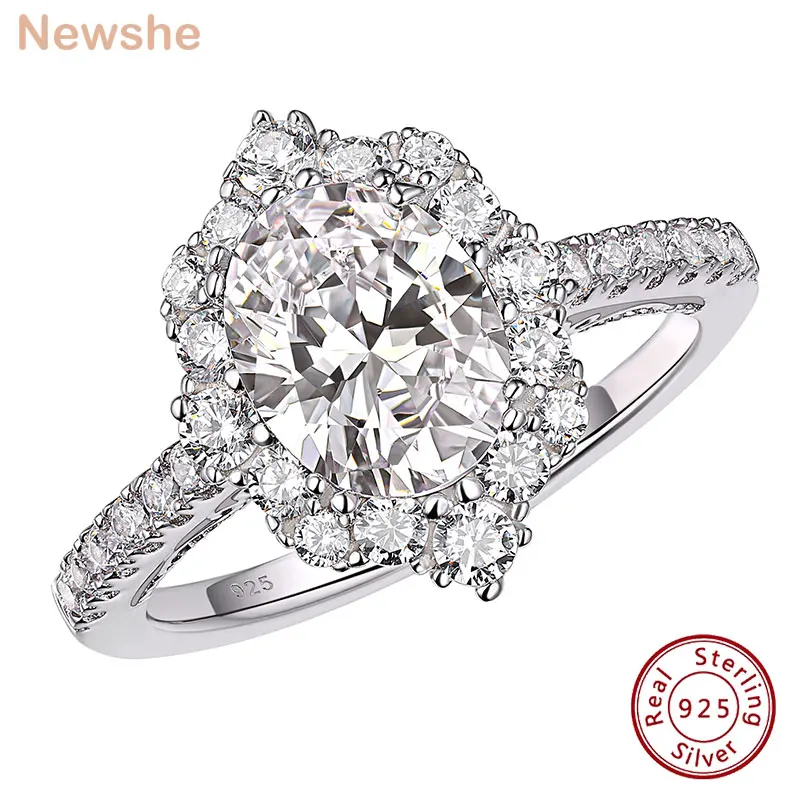 Newshe Genuine 925 Sterling Silver Engagement Rings Luxury Jewelry for Women Floral Halo 2.7Ct Oval Cut AAAAA Cubic Zircon