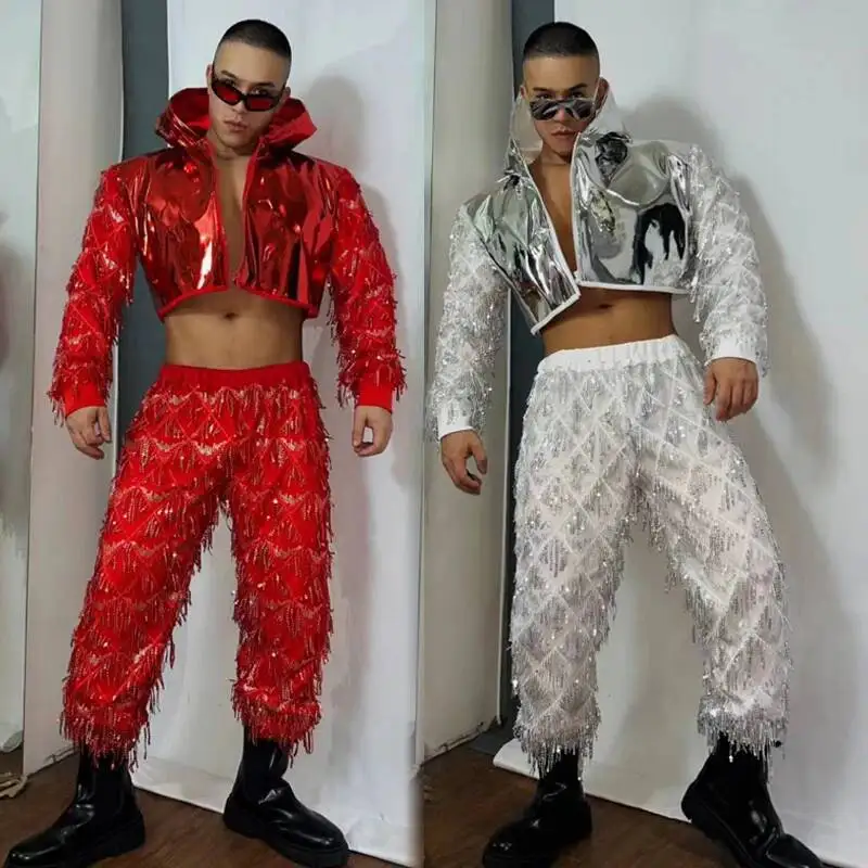 

Red Silver Laser Jacket Sequins Pants Men Singer DJ DS Jazz Dance Clothing Sexy Gogo Costumes Nightclub Male Rave Outfit
