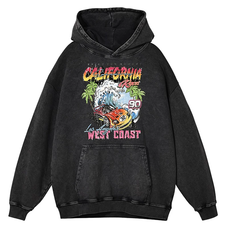 

Retro Distressed Wash Los Angeles California West Coast Car Men Hoodie Hip Hop 100% Cotton Clothes Oversize Pullover Sweatshirts