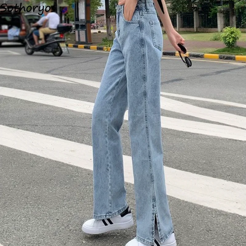 Seite-schlitz Frauen Jeans Hohe Taille Gerade Design Streetwear Casual Harajuku Koreanischen Stil Solide Blau Trendy Alle-spiel chic Bottom
