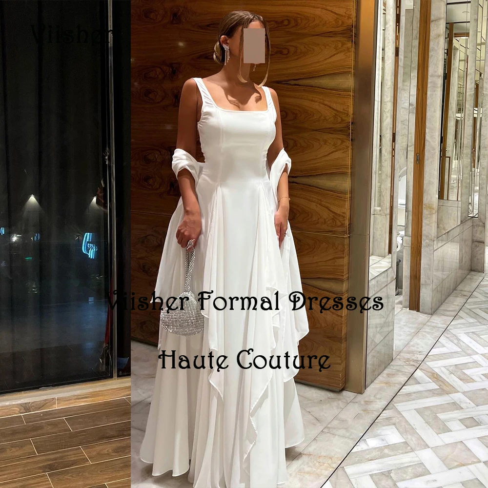 

White Satin Mermaid Evening Dresses for Women Sleeveless Square Neck Arabic Dubai Prom Dress with Cape Fromal Gowns