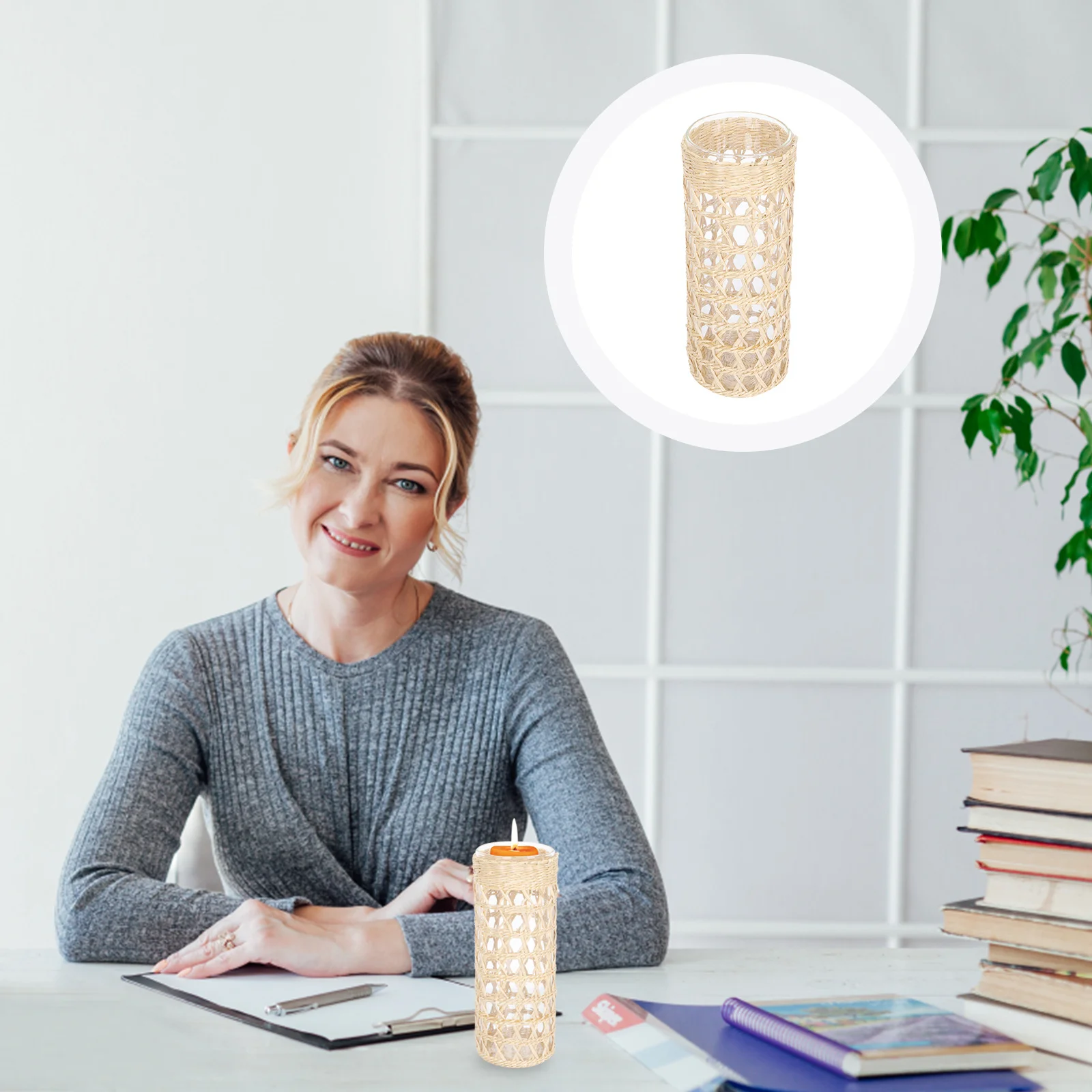 Aromatherapy Glass Cup Straw Weaving Decorative Holder Home Wedding Party Table Decor Candles Cup Holders