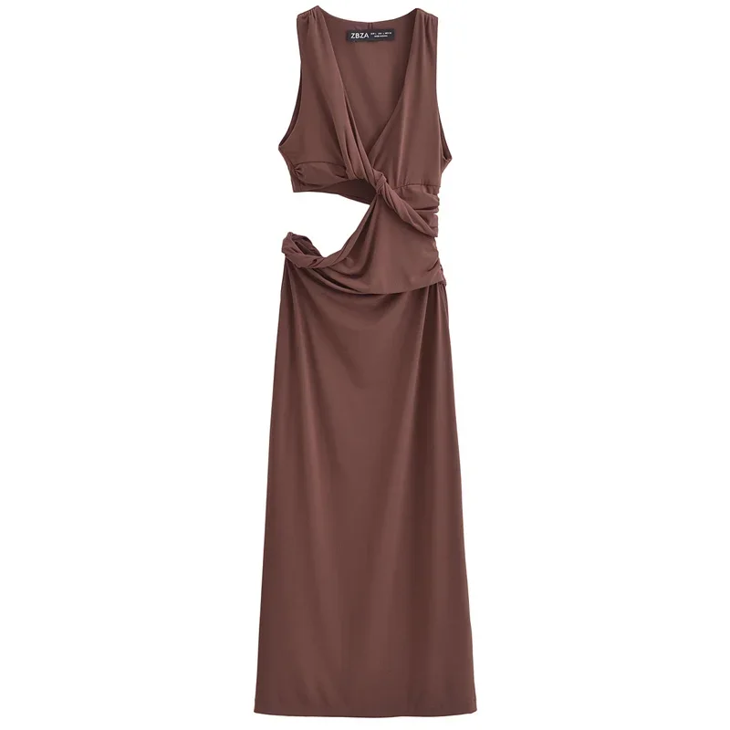 TRAF Ruched Sexy Cut Out Dress Woman Knot Long Dresses Women Summer Bodycon Brown Midi Dress Off Shoulder Holiday Party Dresses