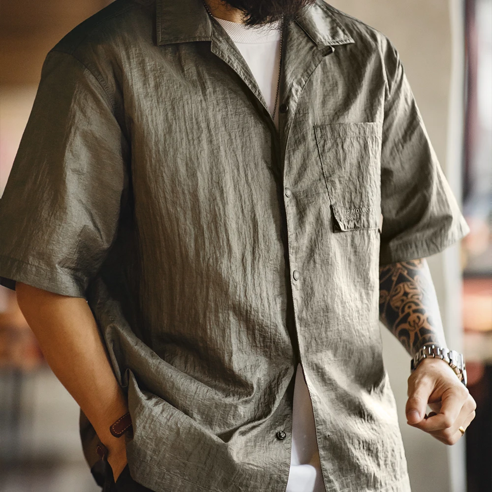 Maden Outdoor Cuban Collar Shirt Men's Summer Lightweight Breathable Short Sleeve Single-breasted Plaid Hiking Street Blouse