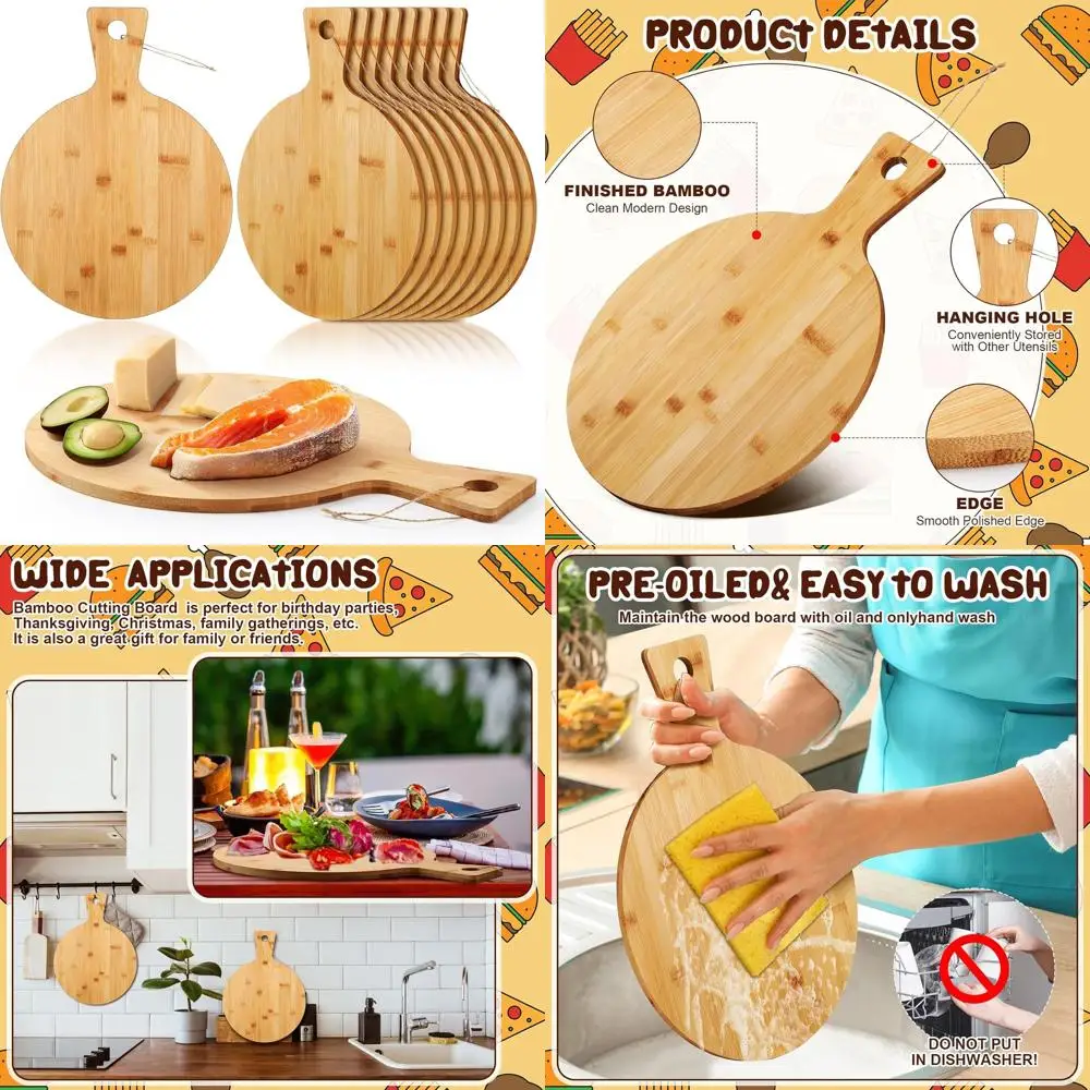 

12 Bamboo Round Chopping Boards with Handle, Set of 10, Ideal for Kitchen Prep, Baking, and Serving Pizza, Bread, Cheese, Fruits