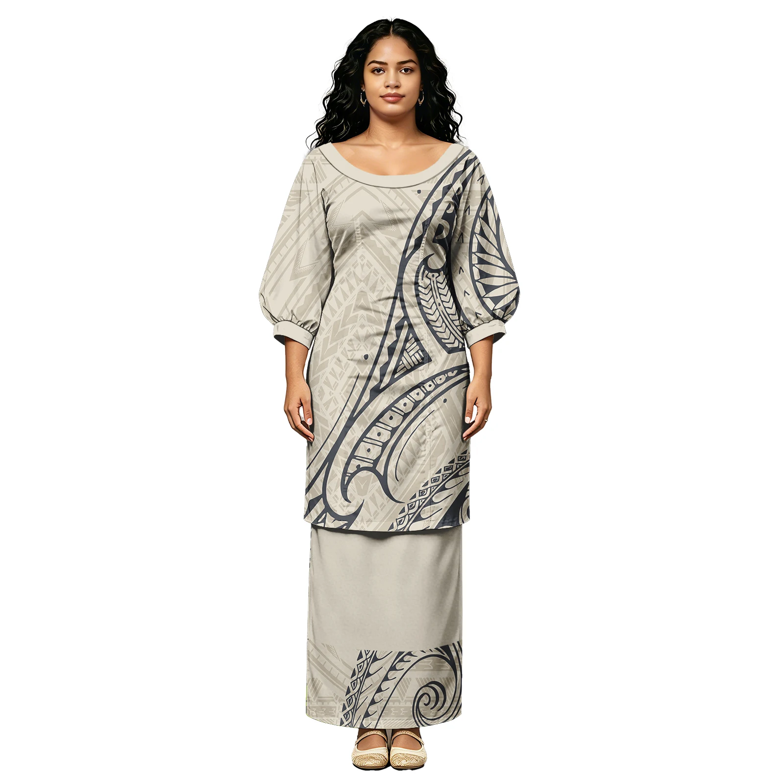 Hawaii Style Plus Size Lady Puletasi Polynesia Island Print Puff Sleeves Women Wear Tribal Design Samoan Puletasi Custom Clothes