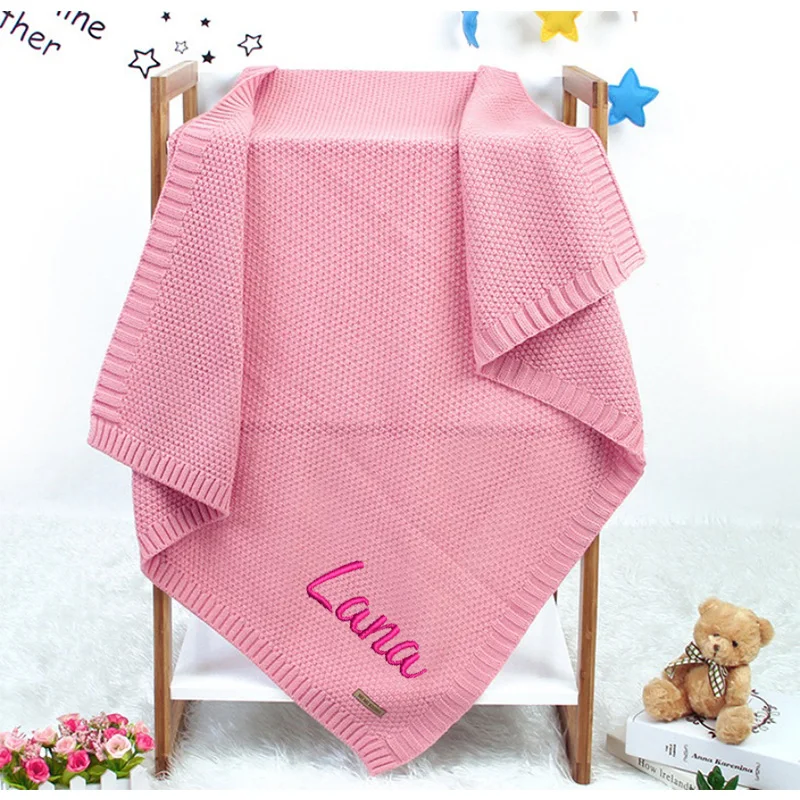 

Customized Baby Blanket Embroidered Name Stroller Blanket Newborn Baby Gift Soft Breathable Cotton Knited Blankets for Kids