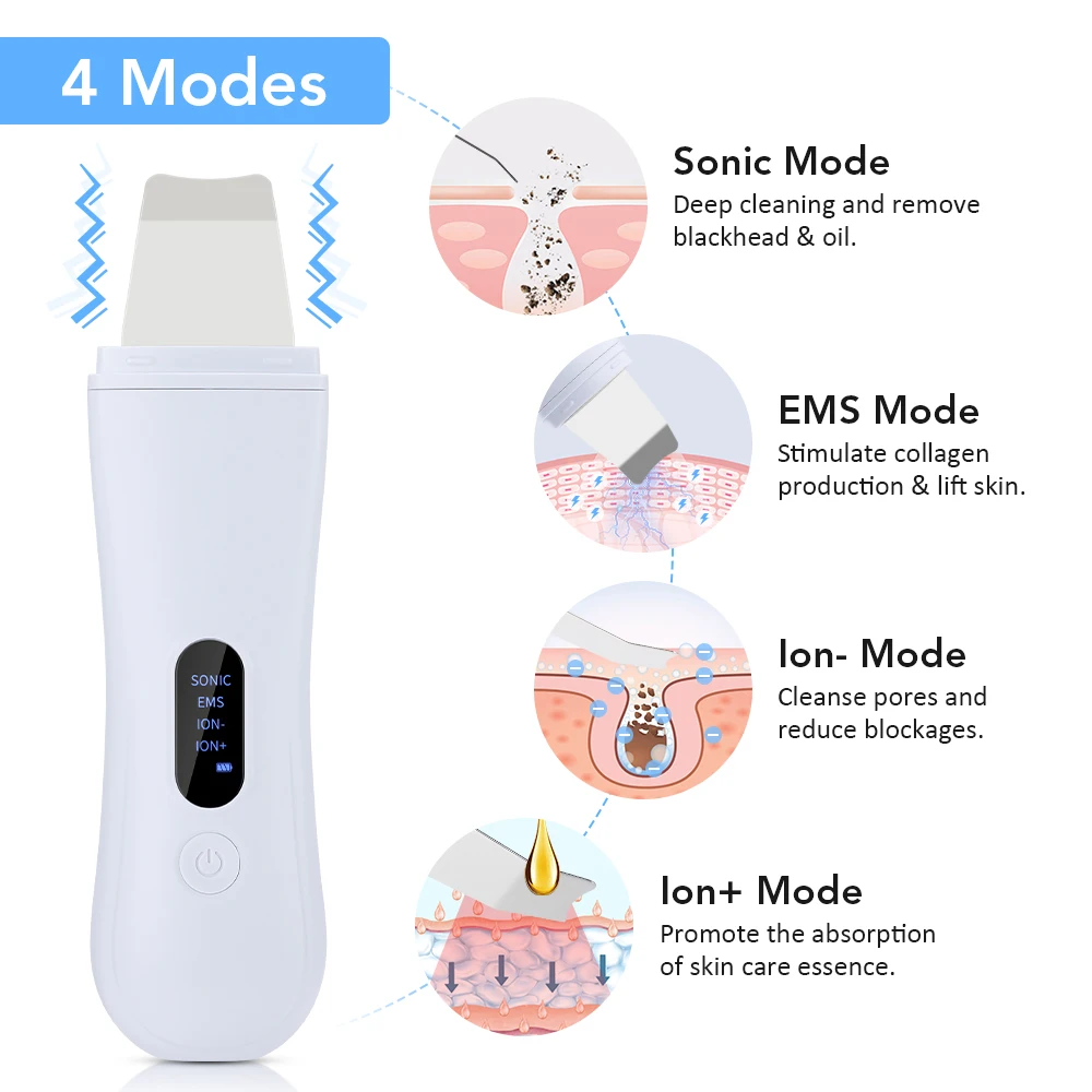 LED Ultrasonic Skin Scrubber ยกกระชับผิว EMS Spatula Ion Deep Facial Pore เครื่องทําความสะอาด Blackhead Remover