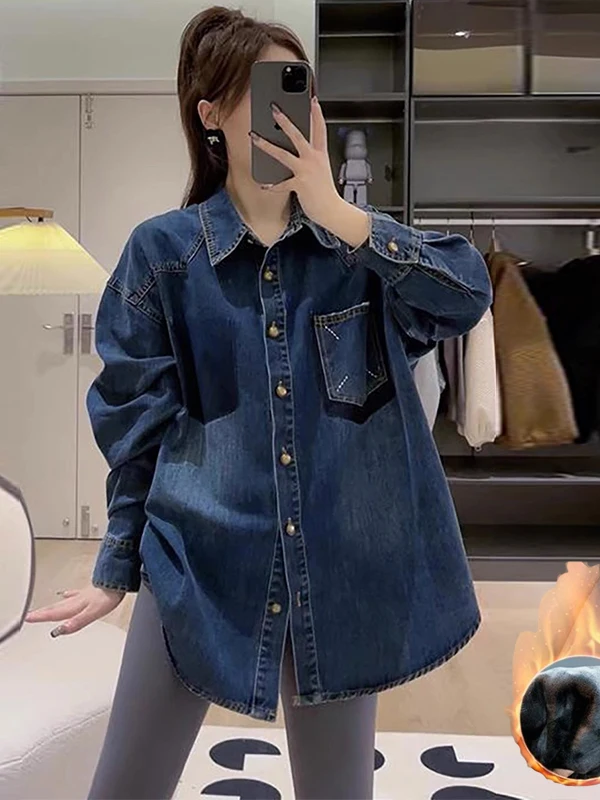 

Women's Fleece Lined Denim Shirt Winter 2026 New plus Size Loose Versatile Short Coat Button Pocket Design Warm Elastic Fabric