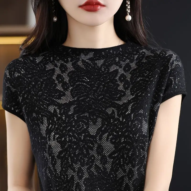 Spring and Summer Women\'s 2024 Pullover Round Neck Spliced Hollow Hook Lace Versatile Fashion Elegant Slim Fit Short Sleeve Tops