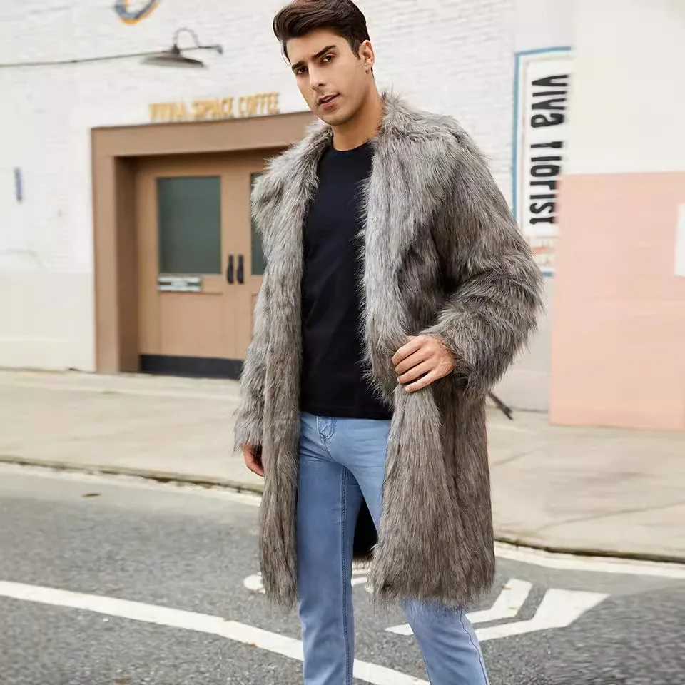 Turn Down Collar Spliced Faux Fur Long Sleeve Coats Cardigan Fur Loose Men Clothing Jacket Open Stitch Solid Casual Autumn