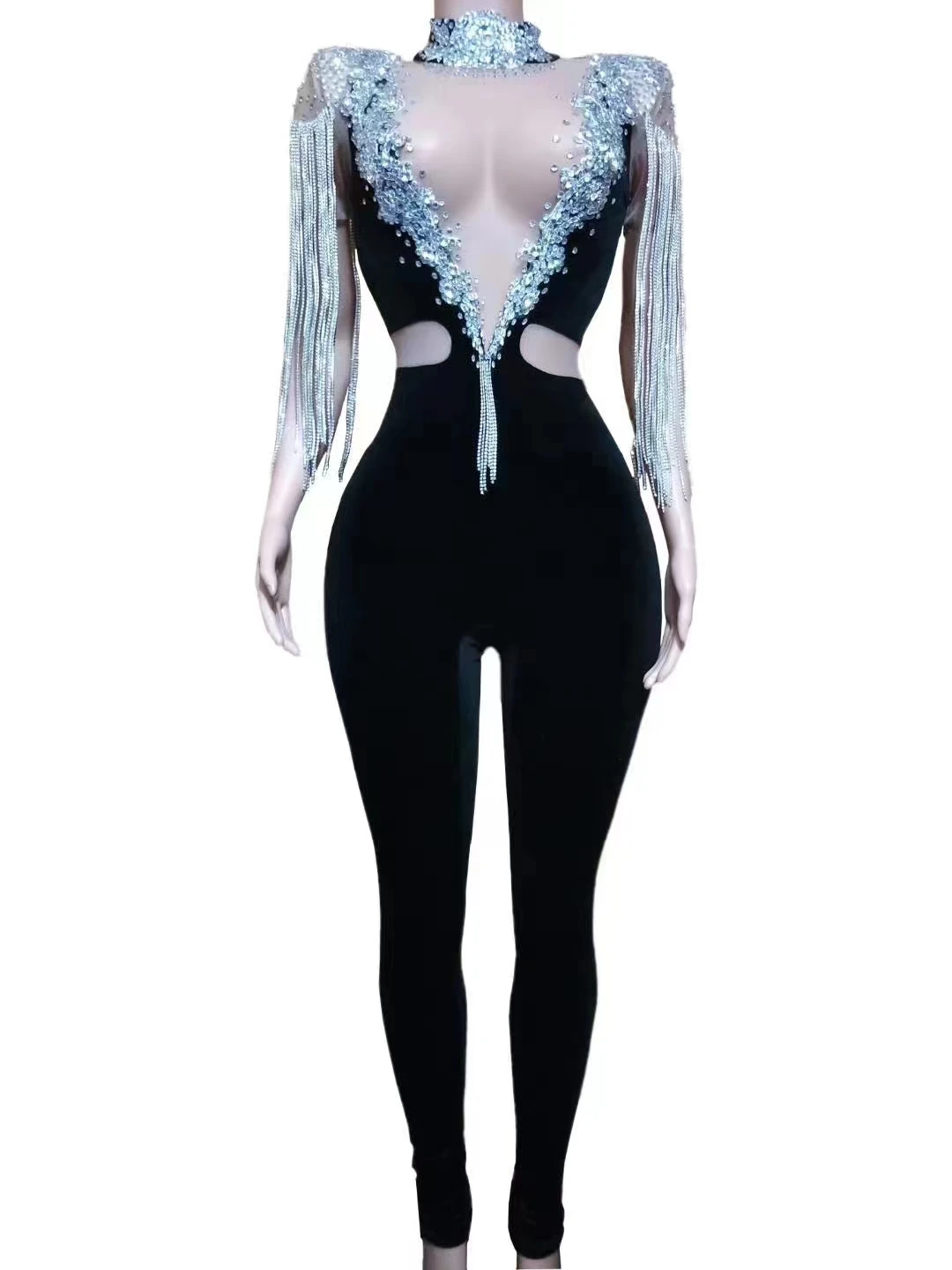 

Silver Rhinestones Fringe Transparent JumpsuitBlack Velvet Stretch Leggings Chains ShoulderOutfit Singer Dance Wear Costume A377