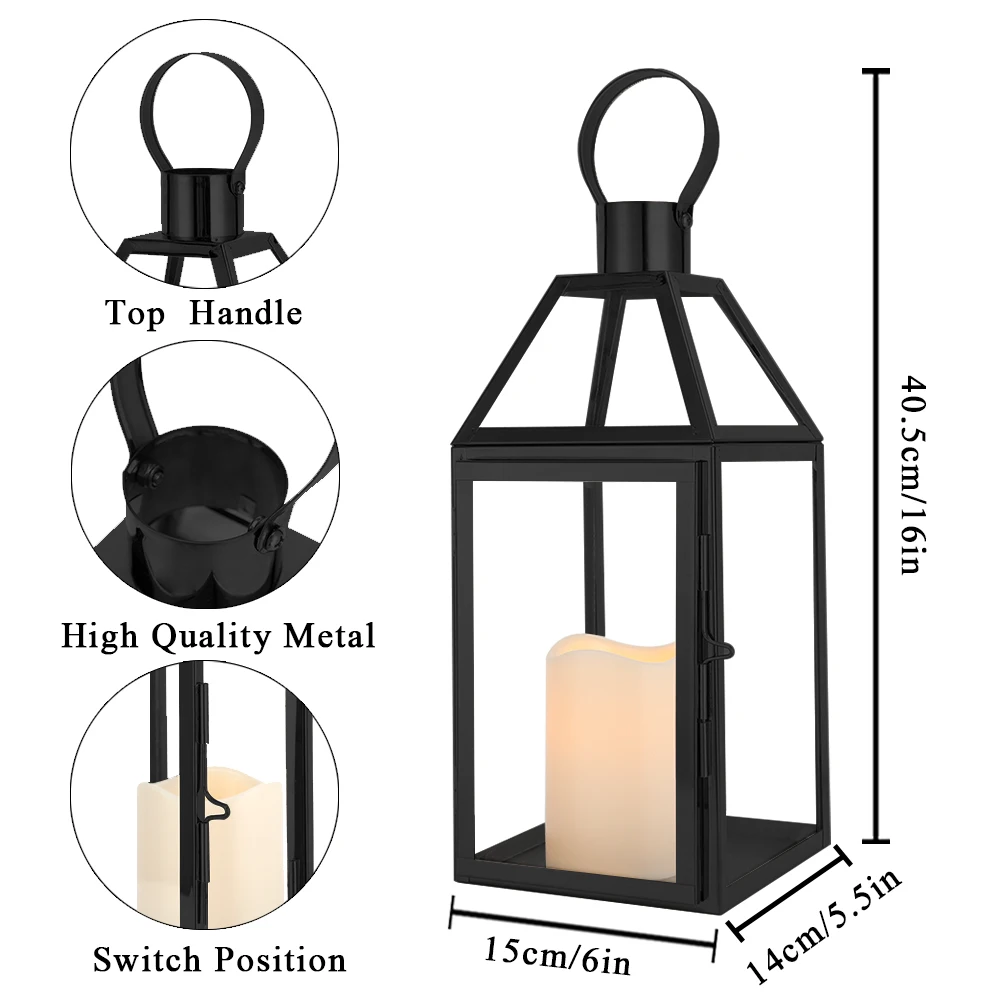 Czarny świecznik ze stali nierdzewnej Vintag wisząca latarenka z hartowanego szkła do wewnątrz na zewnątrz wesele wystrój domu