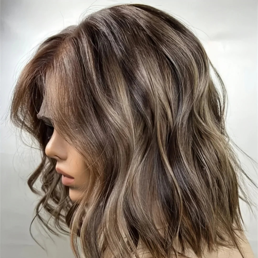 

Bob 14inchSoft Highlight Brown Straight Glueless 5x5 Silk Base Jewish Human Hair Wig Baby Hair HD Lace European Hair Preplucked