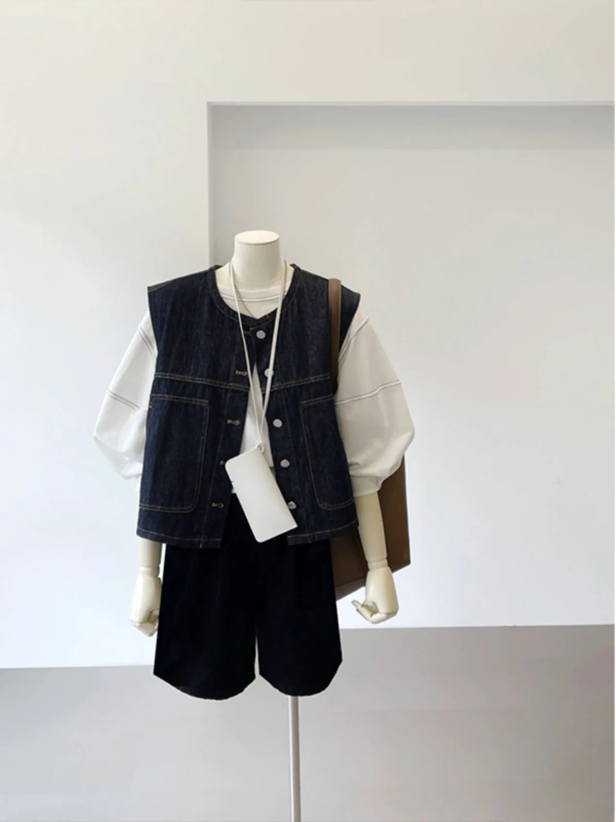 Retro Hong Kong Sle Layered Denim Vest Women's Autumn Winter New Faion Slim Fit Svel Outerwear Jaet Top