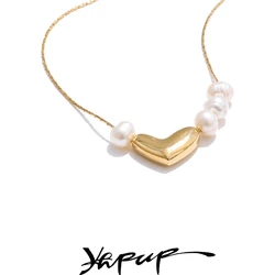 Yhpup Valentine's Day Gift Natural Pearl Heart Love Pendant Necklace for Women Stainless Steel Exquisite Arrivals Jewelry