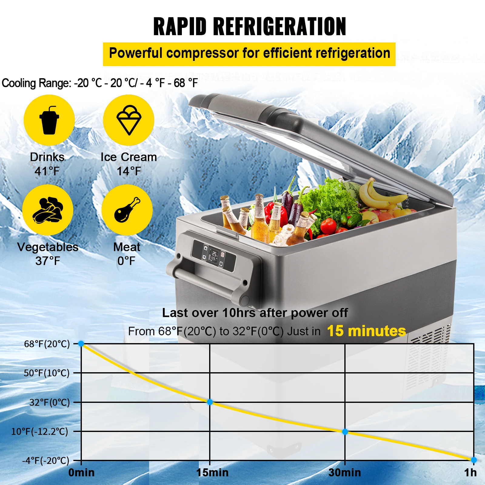 VEVOR-Refrigerador Portátil Do Carro, Mini Refrigerador Elétrico para Condução, Viagem, Pesca, Ao Ar Livre, Uso Doméstico, Compressor, Congelador Pequeno, 55L