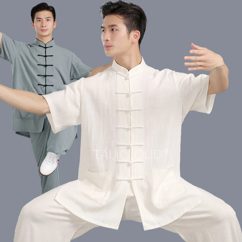 Linen Short Sleeve Chinese Style Martial Arts Uniforms for Men and Women, Tai Chi Clothing, Competition and Practice