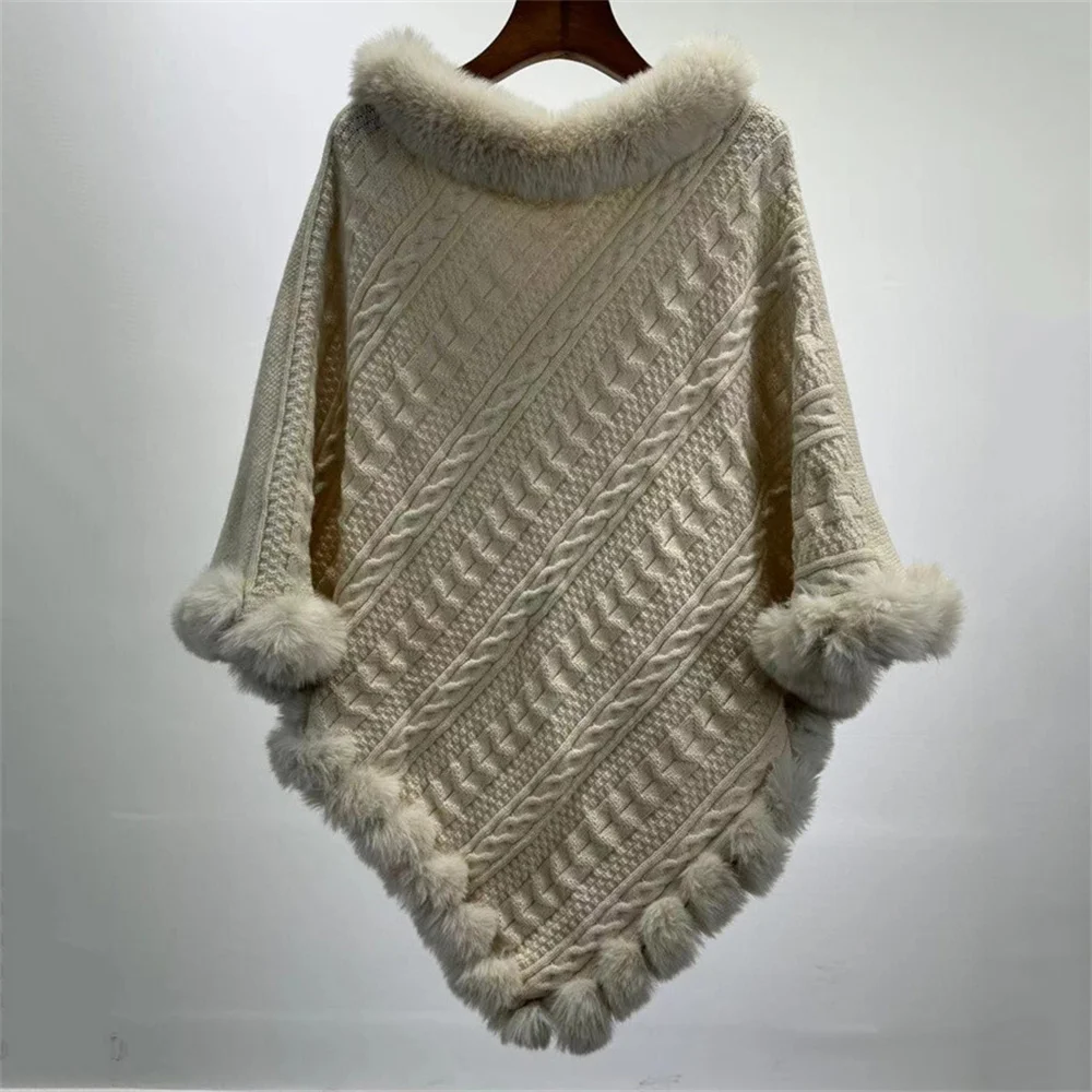 5 Color Warm Oversize Knitted Poncho Shawl Women Cape Big Pendulum Hollow Out String Faux Fur O Neck Twist Pullover Overcoat