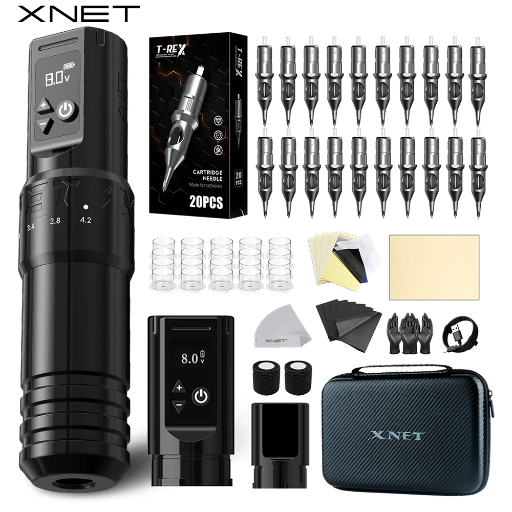 XNET T1 Wirless Tattoo Machine Full Kit 20 Needles 7 Strokes Custom Motor 2400mAh Tattoo Pen Set For Beginner For Tattoo Artists