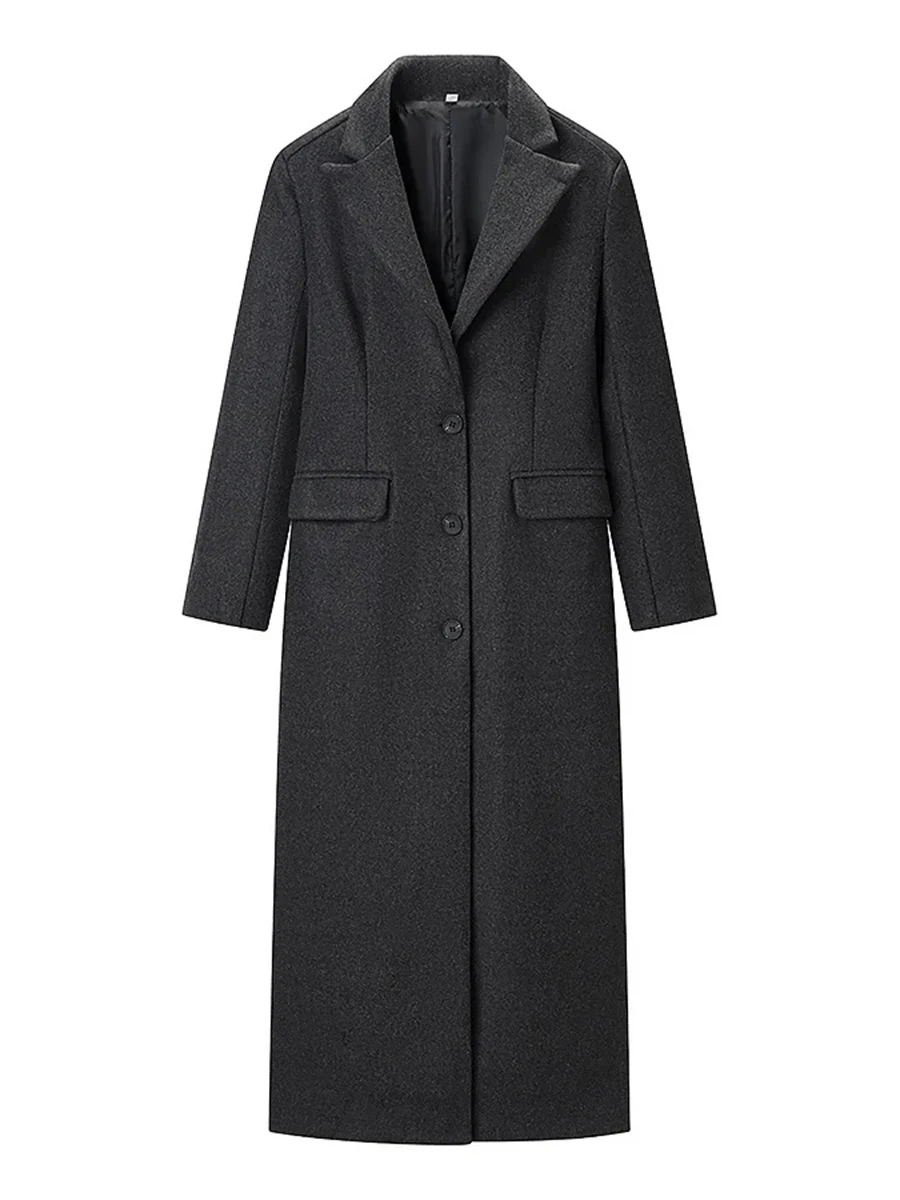 TWOTWINSTYLE Dark Gray Long Wool Coat for Women Notched Collar Long Sleeve Single Breasted Design Slim Chic Office Jacket Female