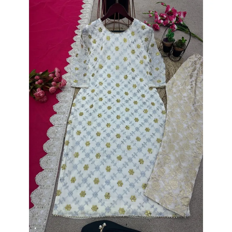 White Georgette Embroidered Full Sleeved Kurta Pants with Pink Dupatta Lace Border