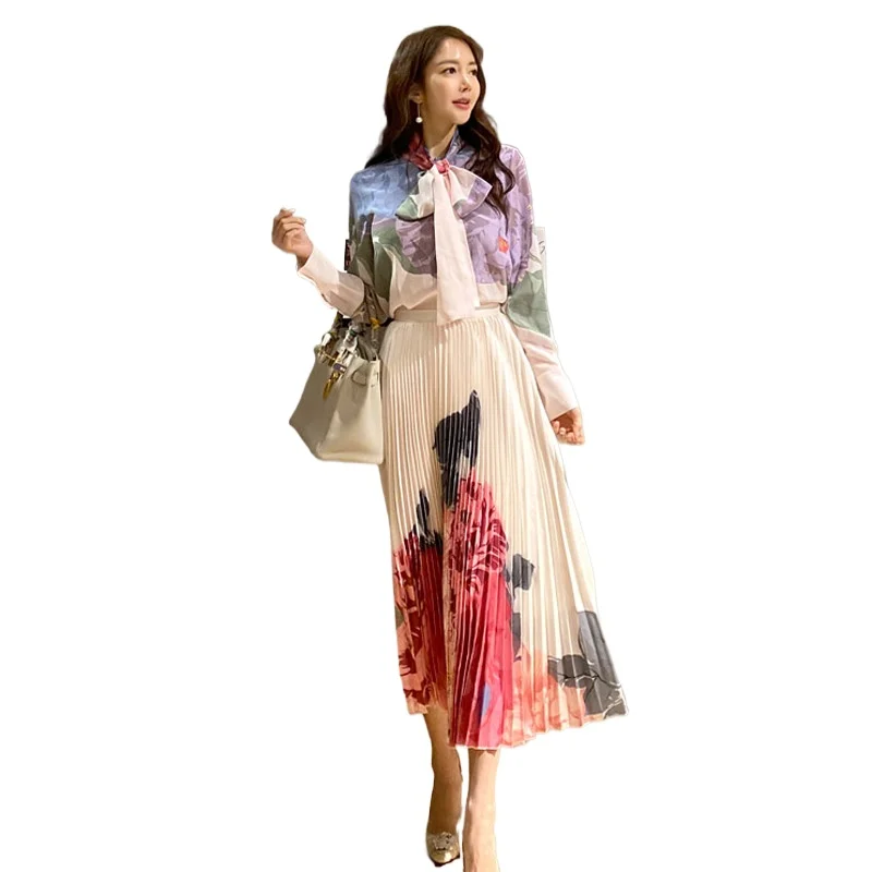 TRAF Elegant Floral Printed 2 Piece Women Long Sleeve Bow Collar Chiffon Shirt Top & Pleated High Waist Long Skirt Suits