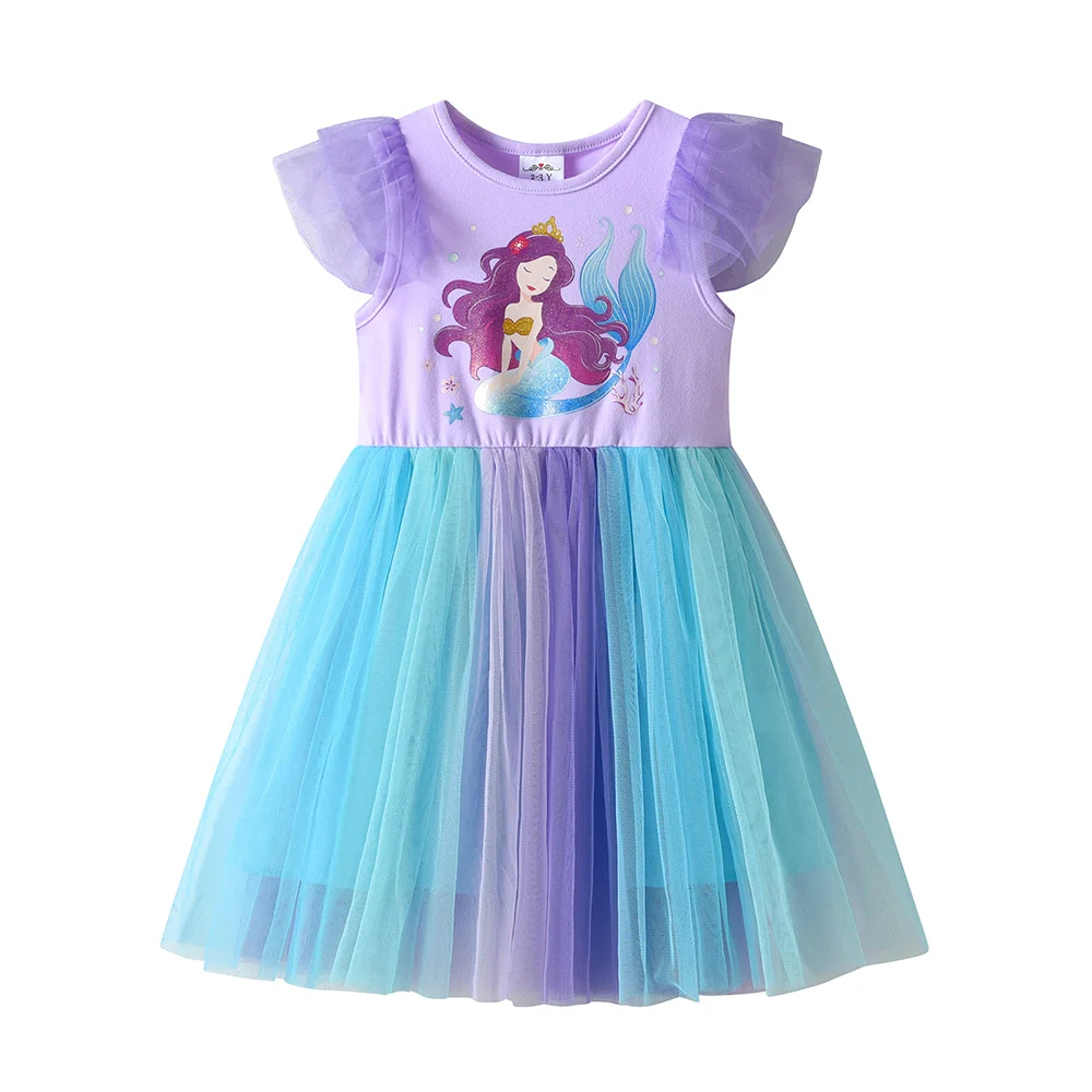 VIKITA Kinder Lila Meerjungfrau Cartoon Kleid Mädchen Trompetenärmel Prinzessin Mesh Tüll Geburtstag Party Schule Freizeitkleider Kinderkleidung – Detail 3