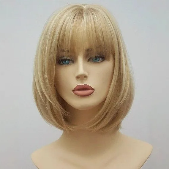 Wig Bob Emas dengan Poni untuk Wanita, Penutup Rambut Bob, Rambut Palsu, Bahan Sutra Tahan Panas, Hairdring dan Perawatan Rambut