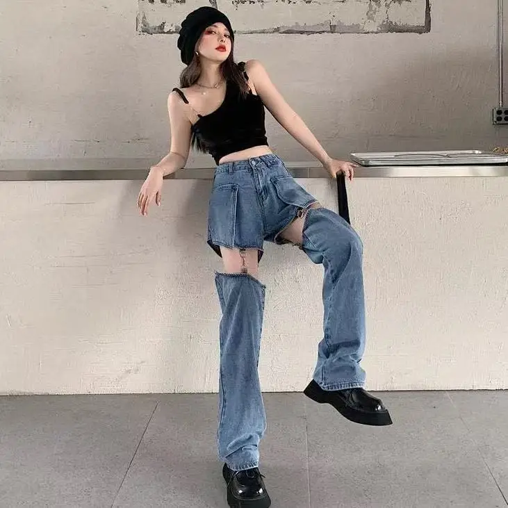 Retro Women's Straight Loose Chain High Waist Pants Summer Design Removable Y2k Jeans